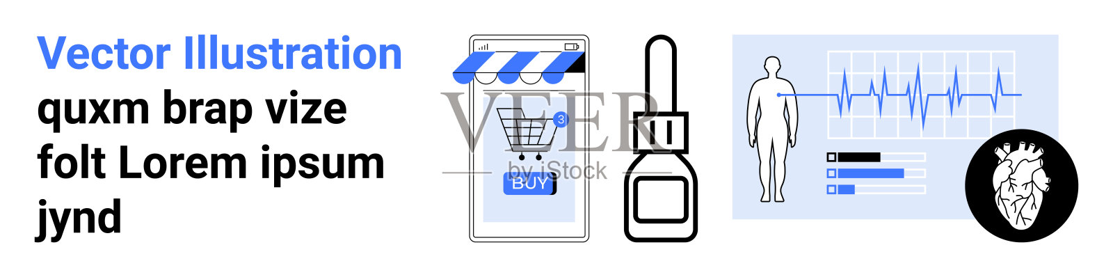 医疗数字工具与电子商务概念,包括心率监测器和在线购物插画图片素材