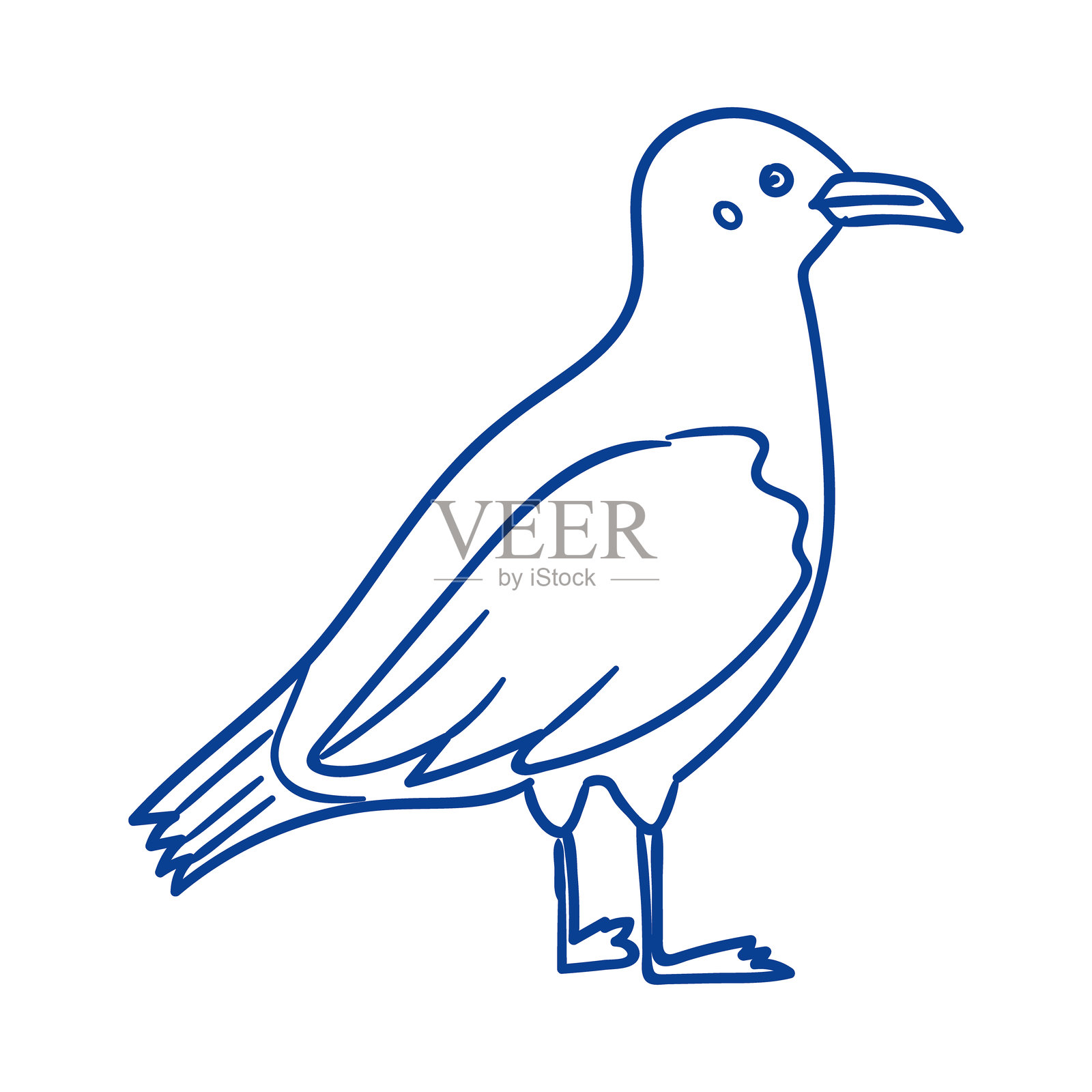 简单的蓝色轮廓鸟站在一条腿上,背景为白色插画图片素材