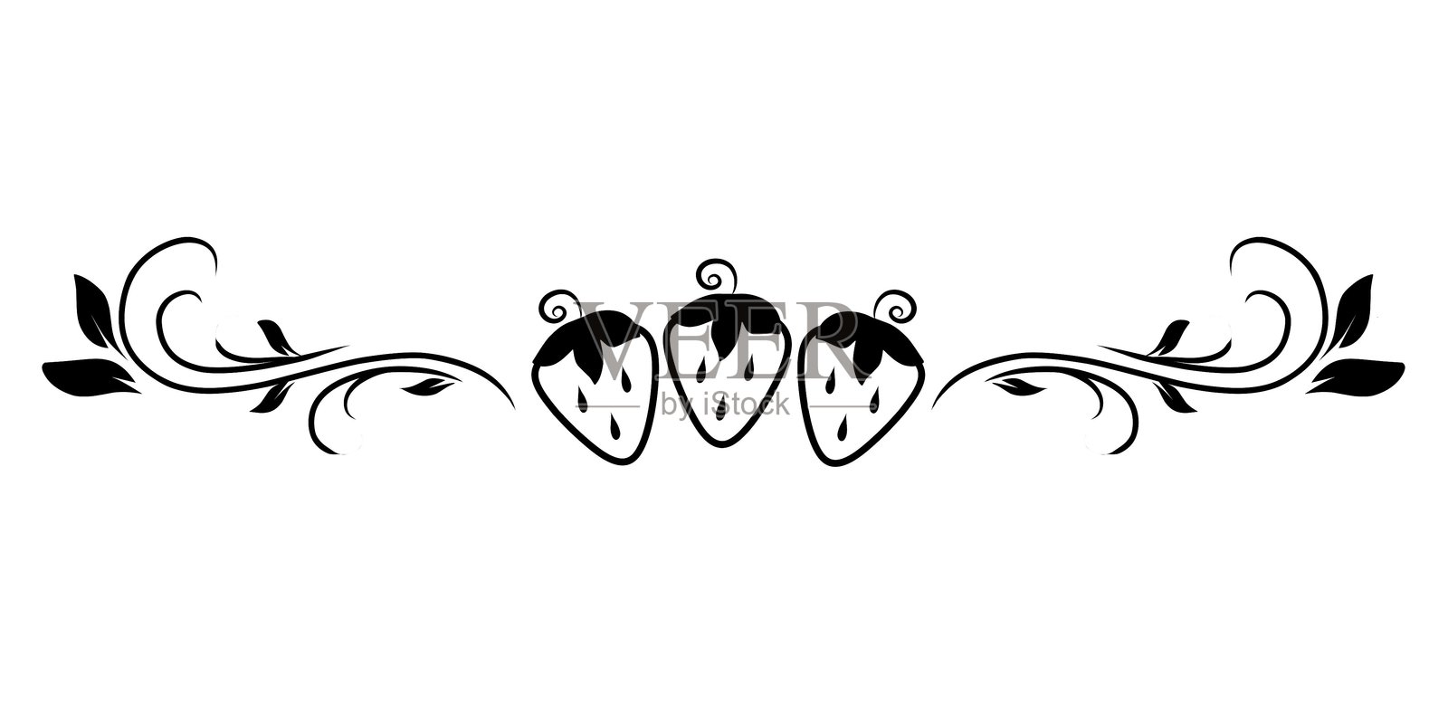 可爱的草莓分隔边框线条艺术,带有涡旋和叶子图案插画图片素材