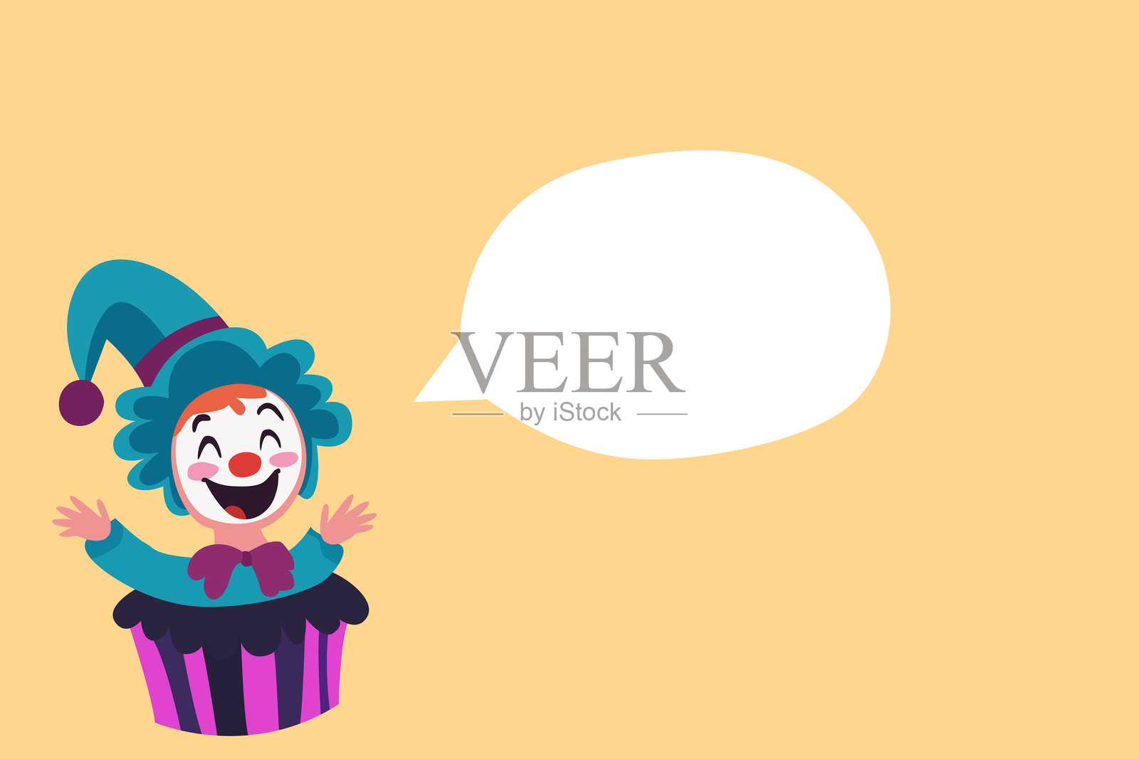 可爱的小丑小丑穿着杯子蛋糕服装,背景为浅橙色,带有对话气泡,俏皮且非常适合愚人节。插画图片素材