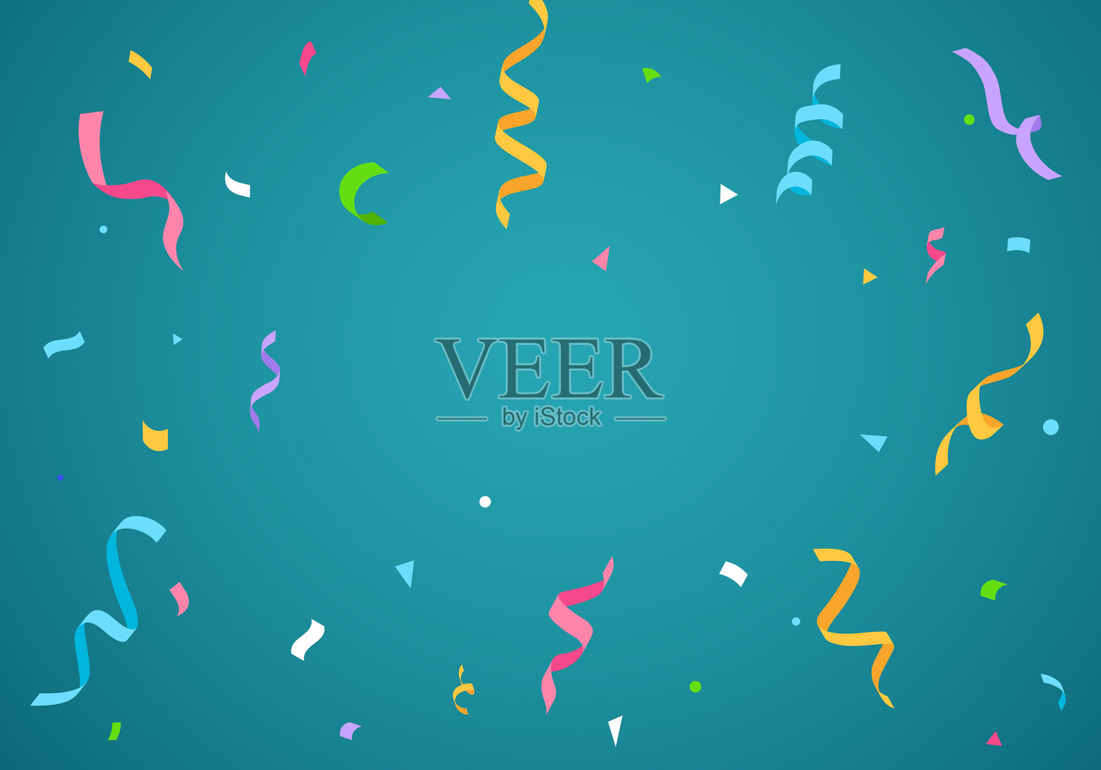 节日青色背景,配有五彩缤纷的彩带和纸屑,适合庆祝或派对。贺卡设计,庆祝狂欢节的彩带、纸屑,节日,生日。插画图片素材