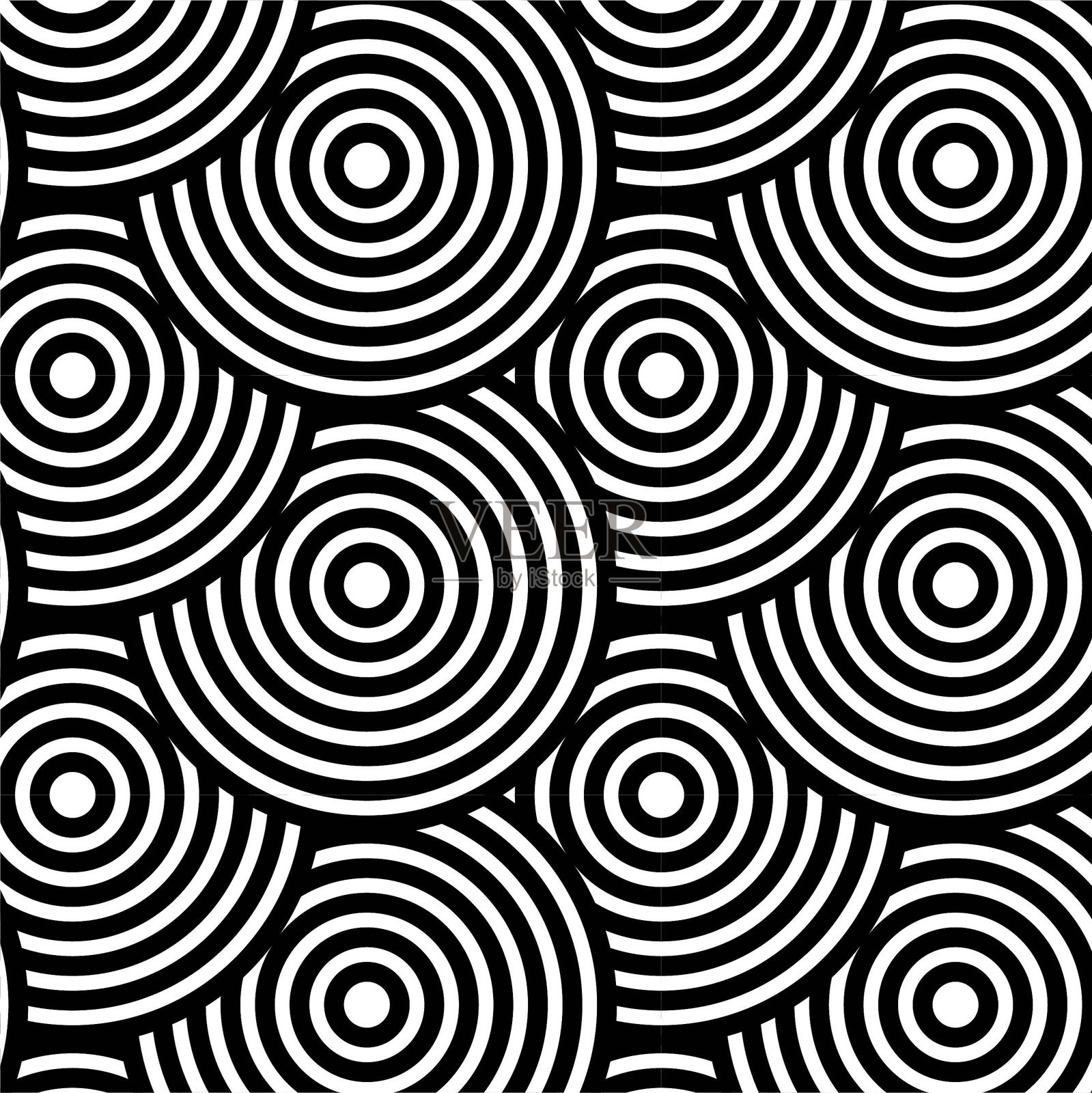 黑白相间的重叠同心圆抽象无缝图案。干净的矢量插图,适合用于背景、包装纸、纺织品和现代设计。插画图片素材