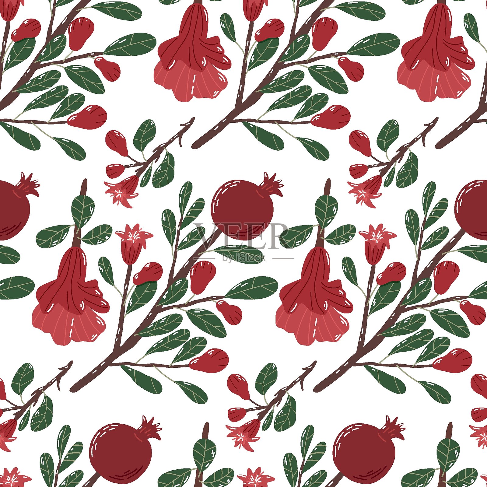 白色背景上的石榴果实和花朵无缝图案插画图片素材