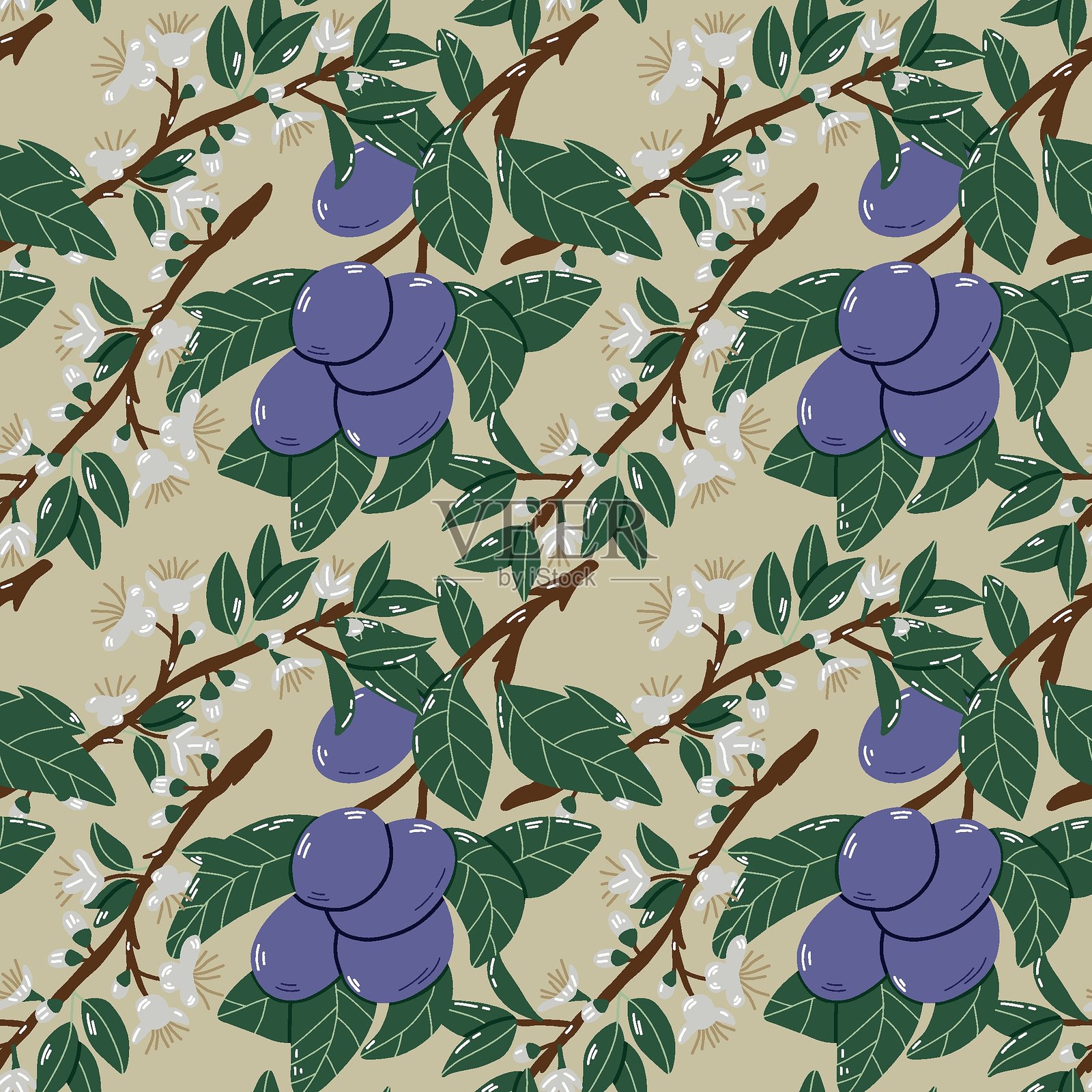 梅枝、叶子和白花的无缝图案插画图片素材