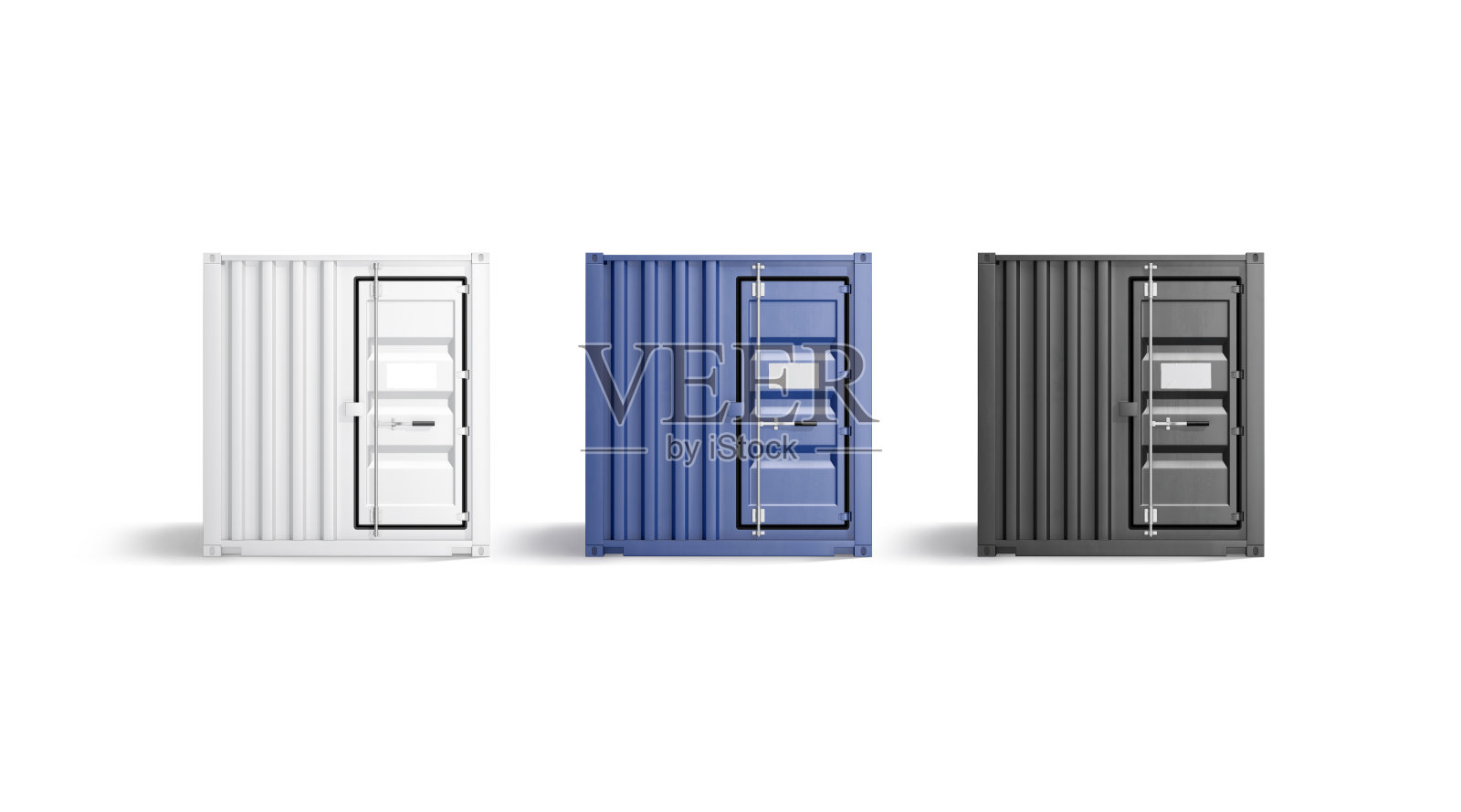 空白的黑色、白色和蓝色钢制货柜门模型,孤立展示照片摄影图片