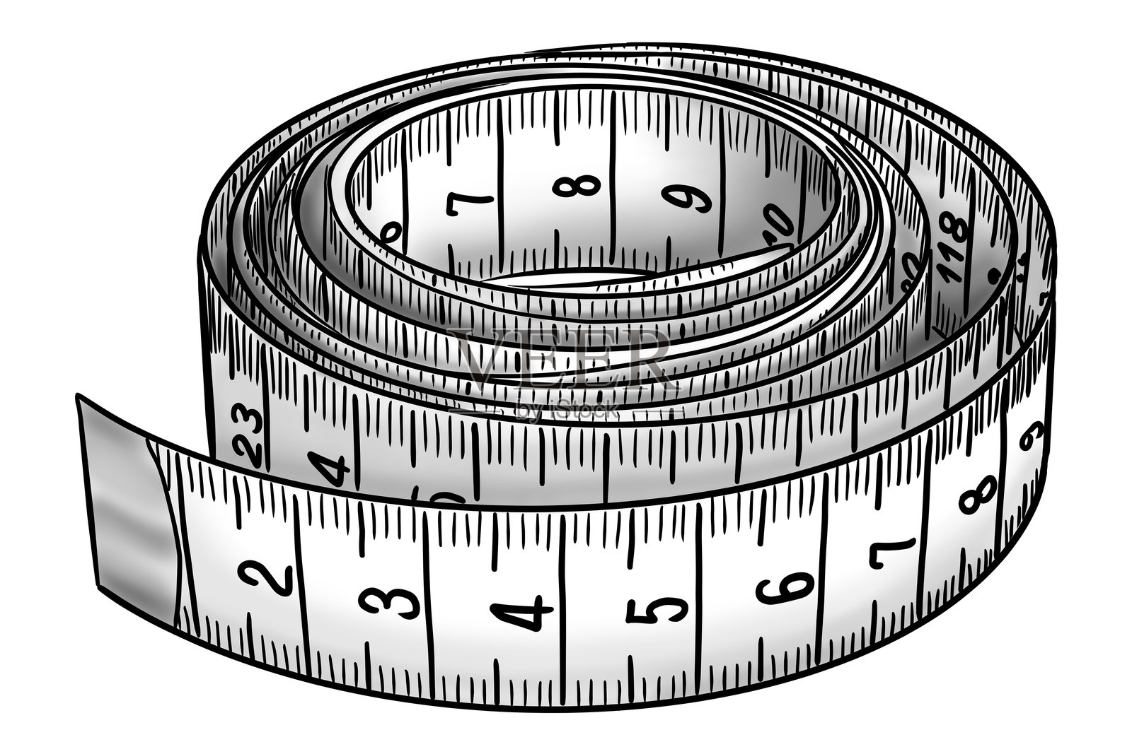 卷起的裁缝尺插图,黑色线条在白色背景上插画图片素材