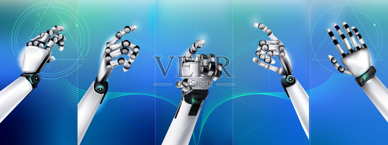 各种角度的抽象机器人手臂在蓝色背景上插画图片素材