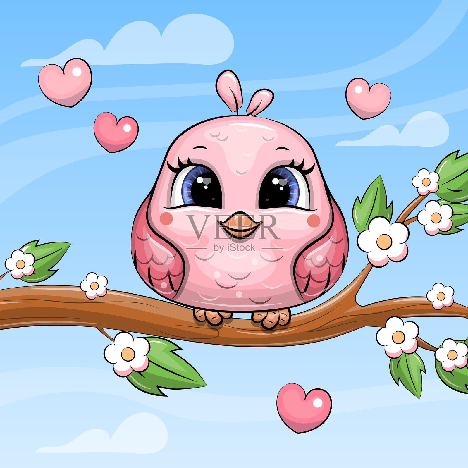 可爱的卡通粉色小鸟栖息在树枝上。插画图片素材