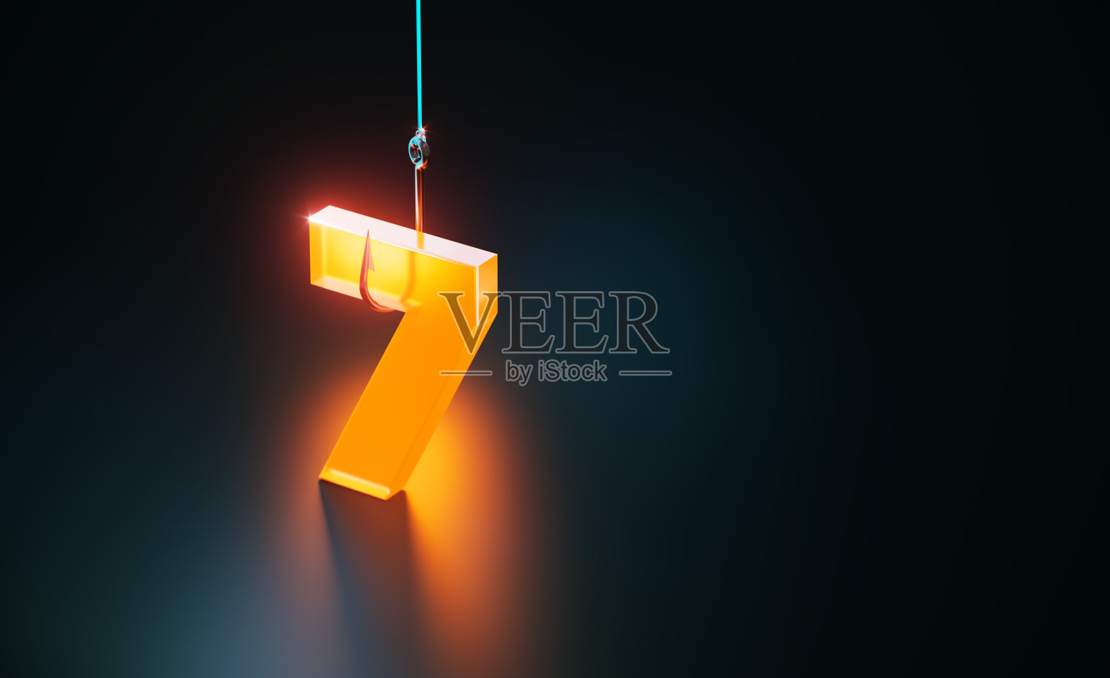 黑色背景上的橙色数字7和钓鱼钩 - 网络钓鱼概念照片摄影图片