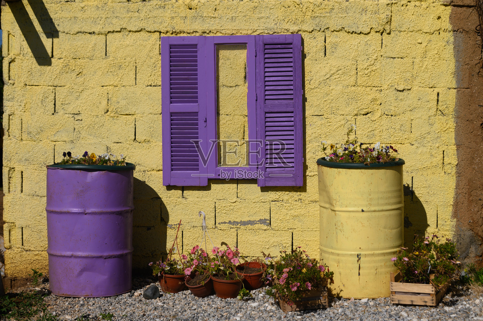 色彩斑斓的花园展示,五彩缤纷的花盆和明亮的百叶窗映衬在黄色墙壁上照片摄影图片