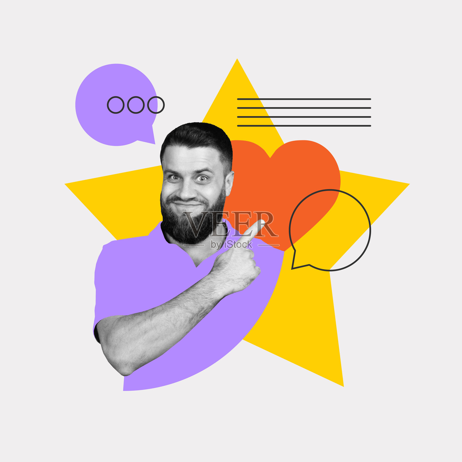 男人指着心形图案和对话气泡。通过客户的推荐,建立客户与品牌之间的情感联系。照片摄影图片