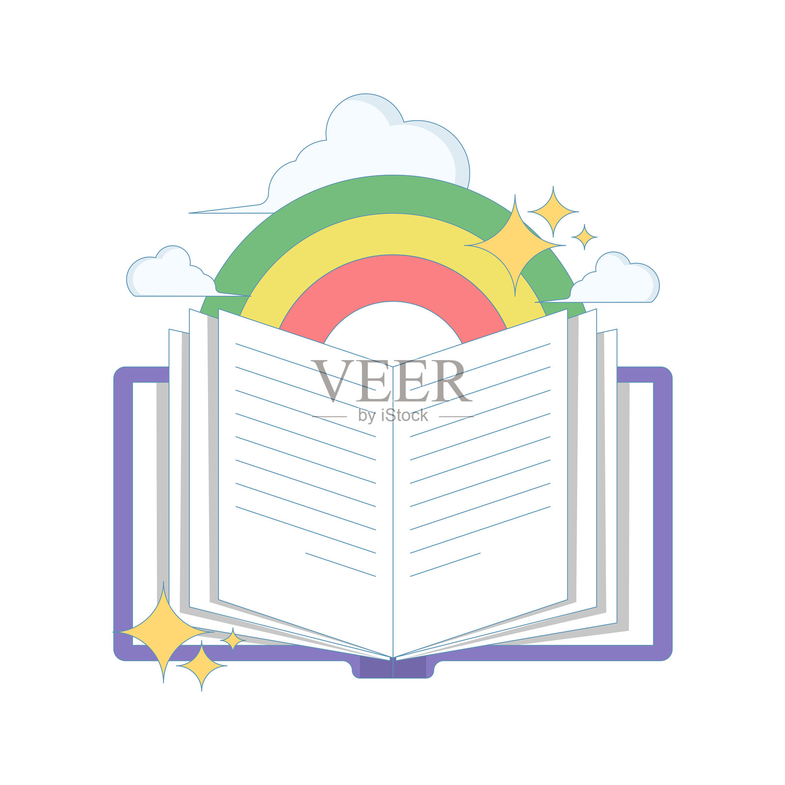 世界读书日概念。打开的书籍与彩虹。热爱和享受阅读书籍。知识与科学。元素符号或图标。极简风格设计插图。插画图片素材