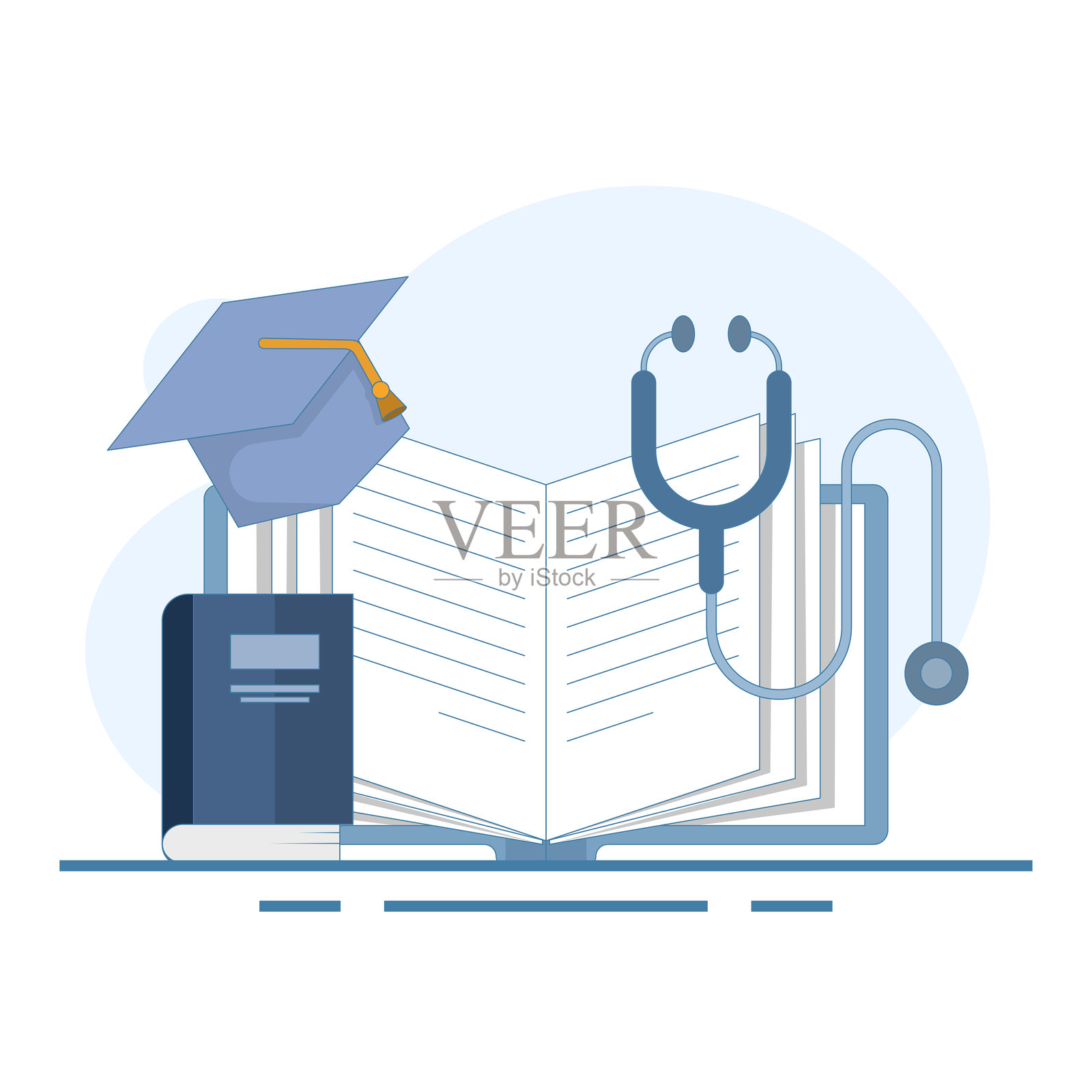医学教育概念。文盲帽、翻开的书和听诊器。医疗环境和场所中的医疗专业人员。孤立的白色背景,采用平面色彩风格。插画图片素材