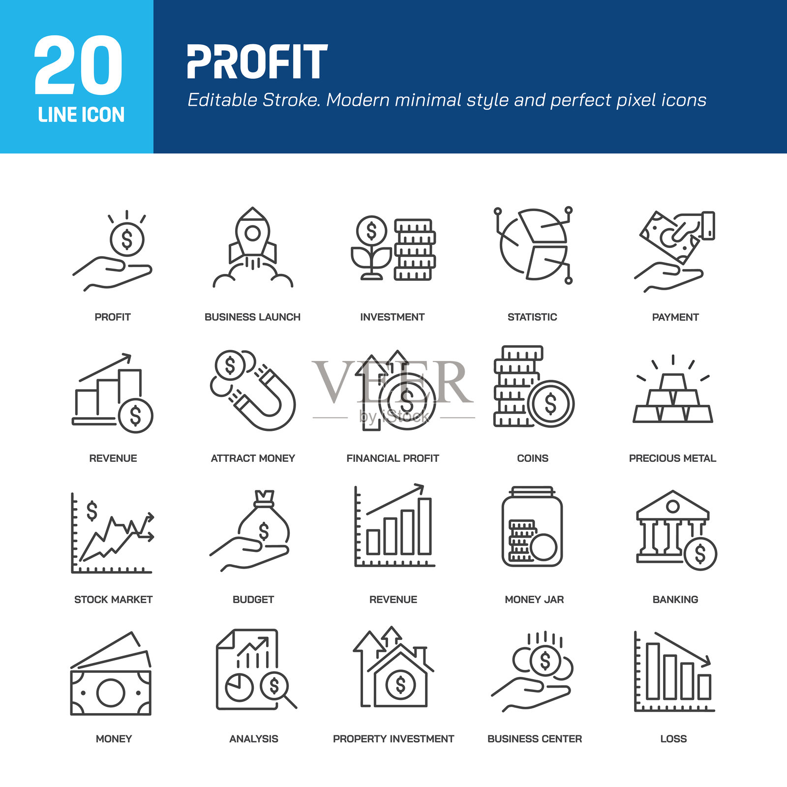 利润线图标。可编辑的线条。包含金融、投资图标集合。矢量插图。适用于网站设计、标志、应用程序、模板、用户界面等。插画图片素材