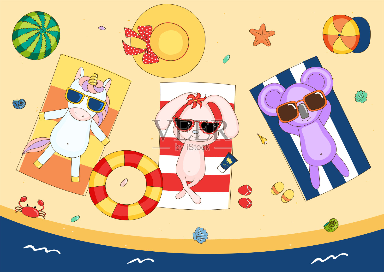 可爱的独角兽、兔子和考拉在海滩上插画图片素材