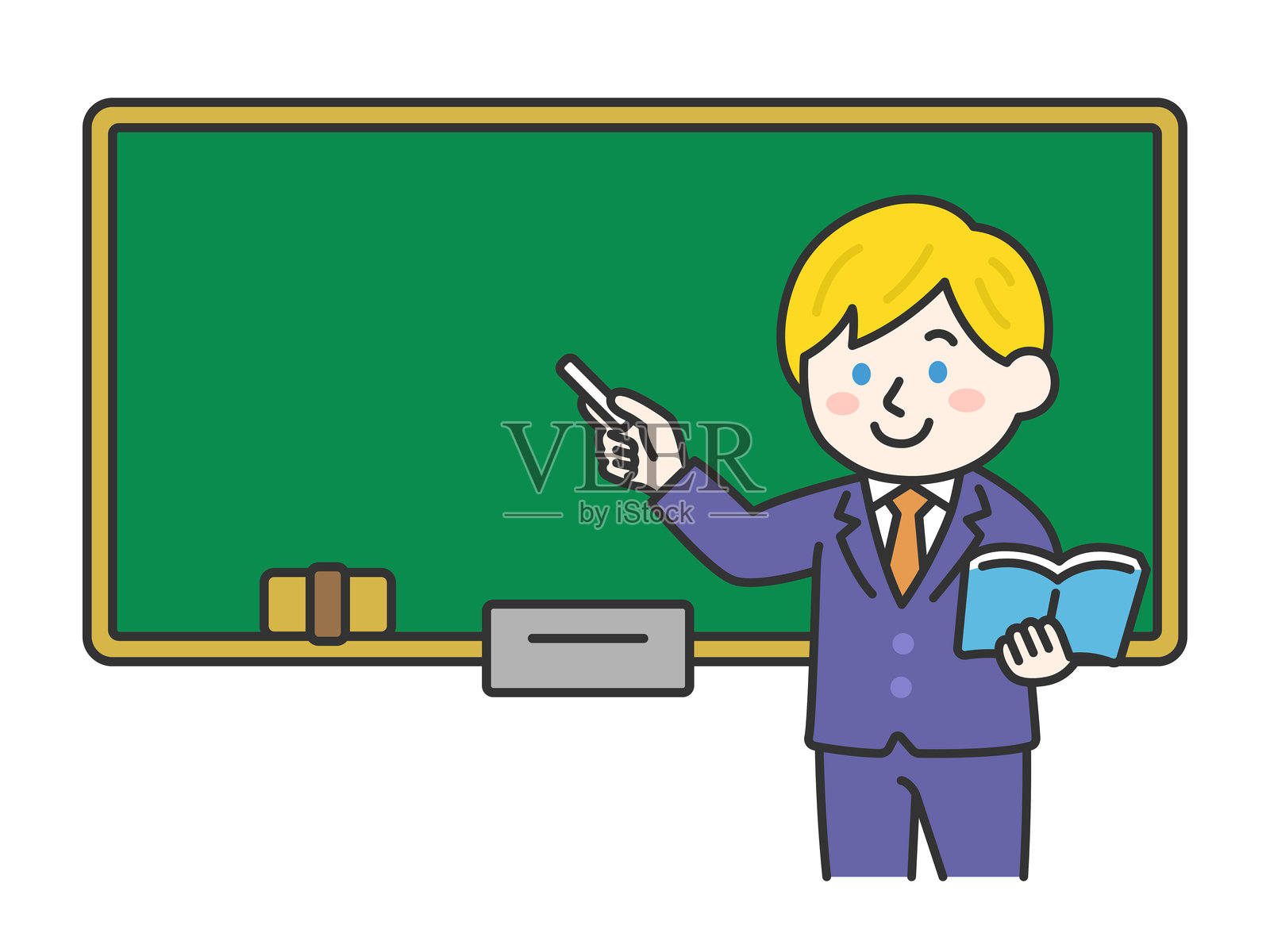 一位白人男性教师(彩色线条画)在黑板上授课。插画图片素材