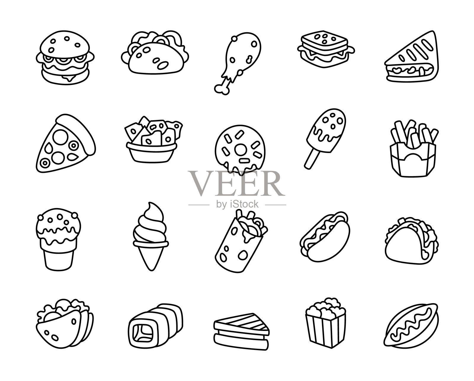 美味快餐组合,包括汉堡、塔可、三明治、薯条、比萨、甜点等,采用可爱的轮廓剪贴画风格,适合您的创意设计项目。插画图片素材