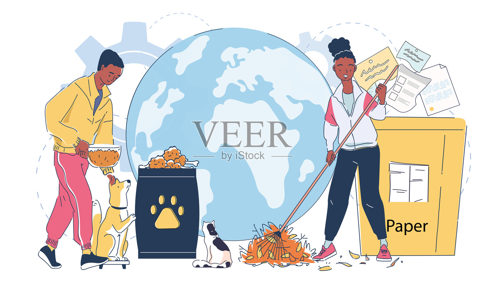 志愿者清理垃圾。男士和女士清理垃圾并喂狗。帮助与支持,慈善。关心生态与环境,保护。线性矢量插图插画图片素材