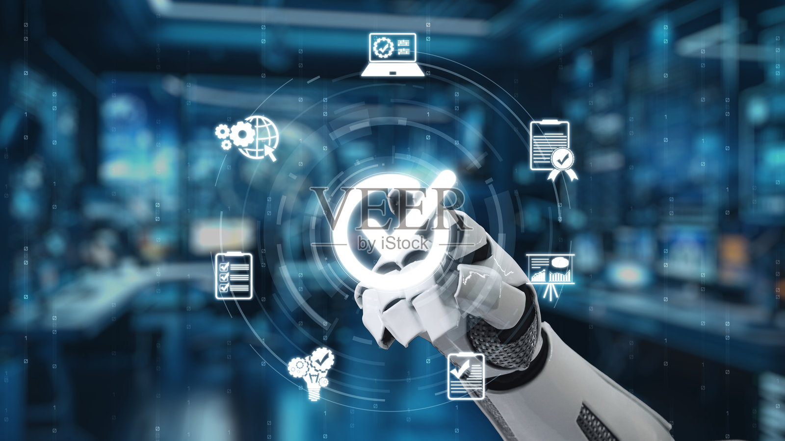 机器人手触碰勾选符号,周围有代表技术、自动化、数据分析和数字认证的图标,背景为现代办公环境。Auvana照片摄影图片