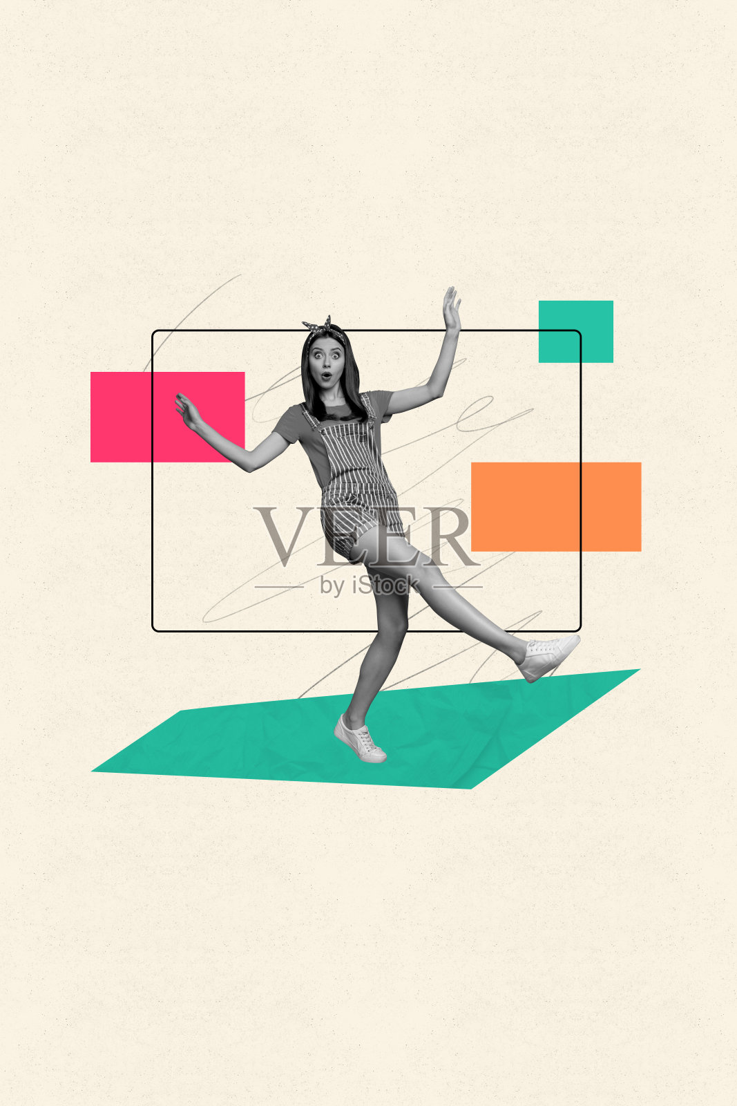 年轻女孩在柔和色彩背景上移动的创意艺术拼贴画照片摄影图片