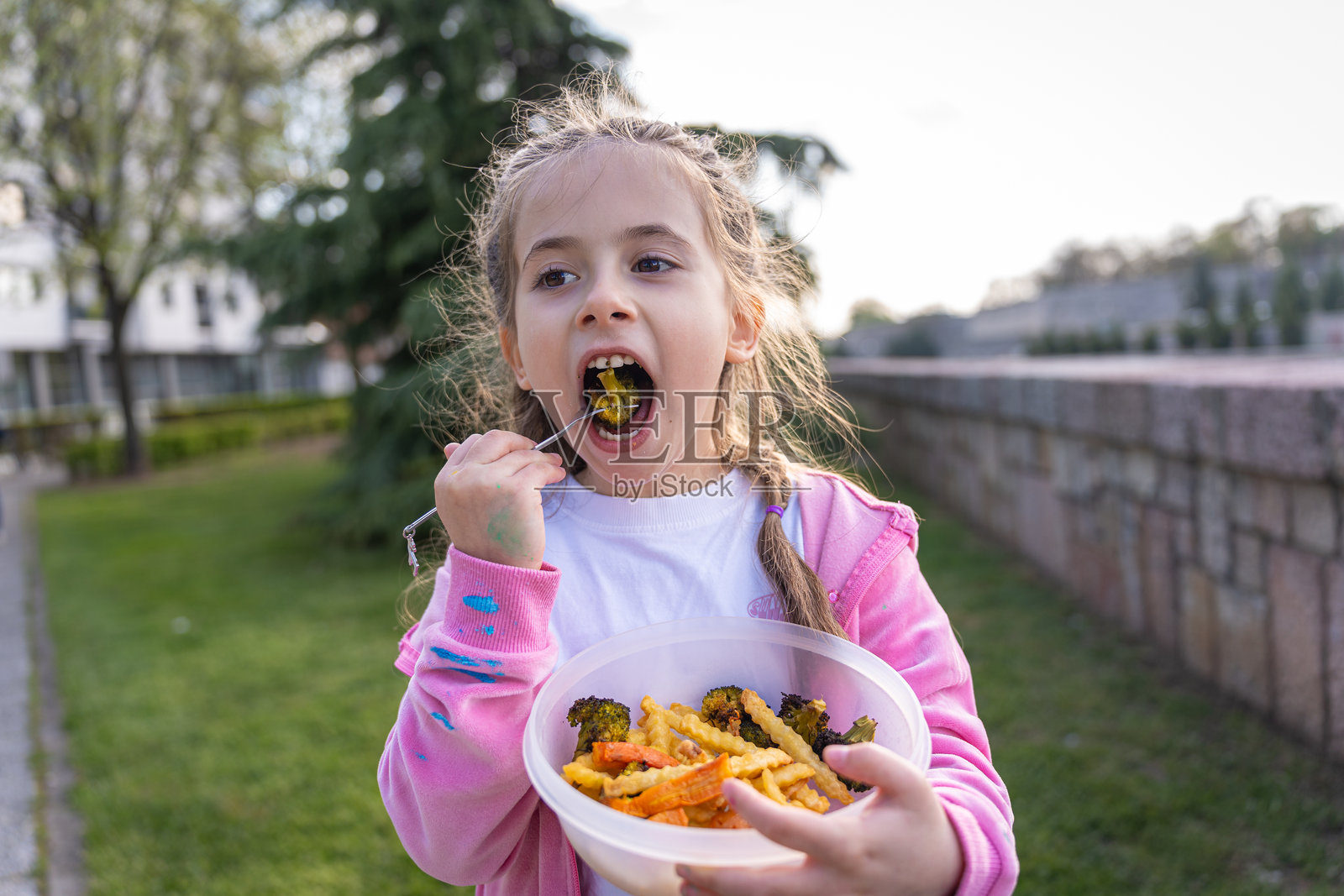 小孩在户外公园享受健康的蔬菜和零食照片摄影图片