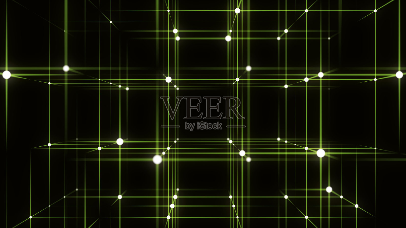 带点和线的3D未来几何立方体。抽象的线框区块链。科学背景。结构技术网络连接。黑暗网络空间背景中的人工智能。3D渲染。照片摄影图片