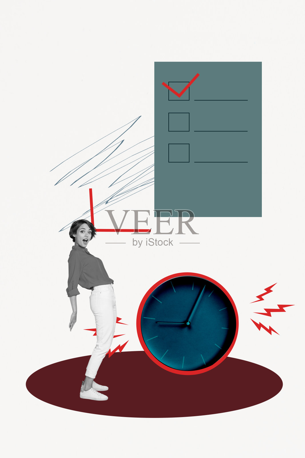 垂直艺术作品趋势拼贴,快乐的女商人站在时钟旁,过期限制纸张,勾选批准符号项目照片摄影图片