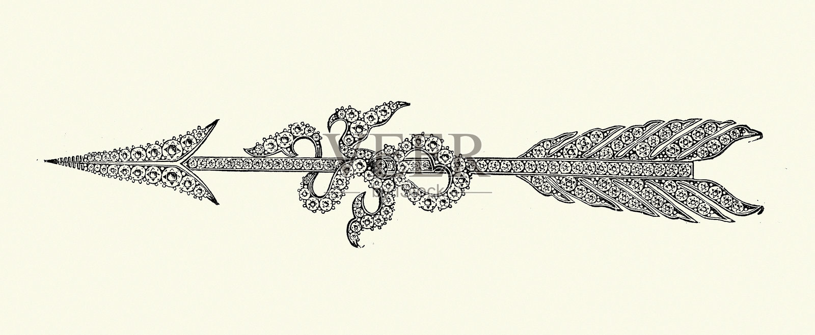 钻石箭头形胸针或发饰,维多利亚时代珠宝设计,1890年代复古插图,19世纪插画图片素材