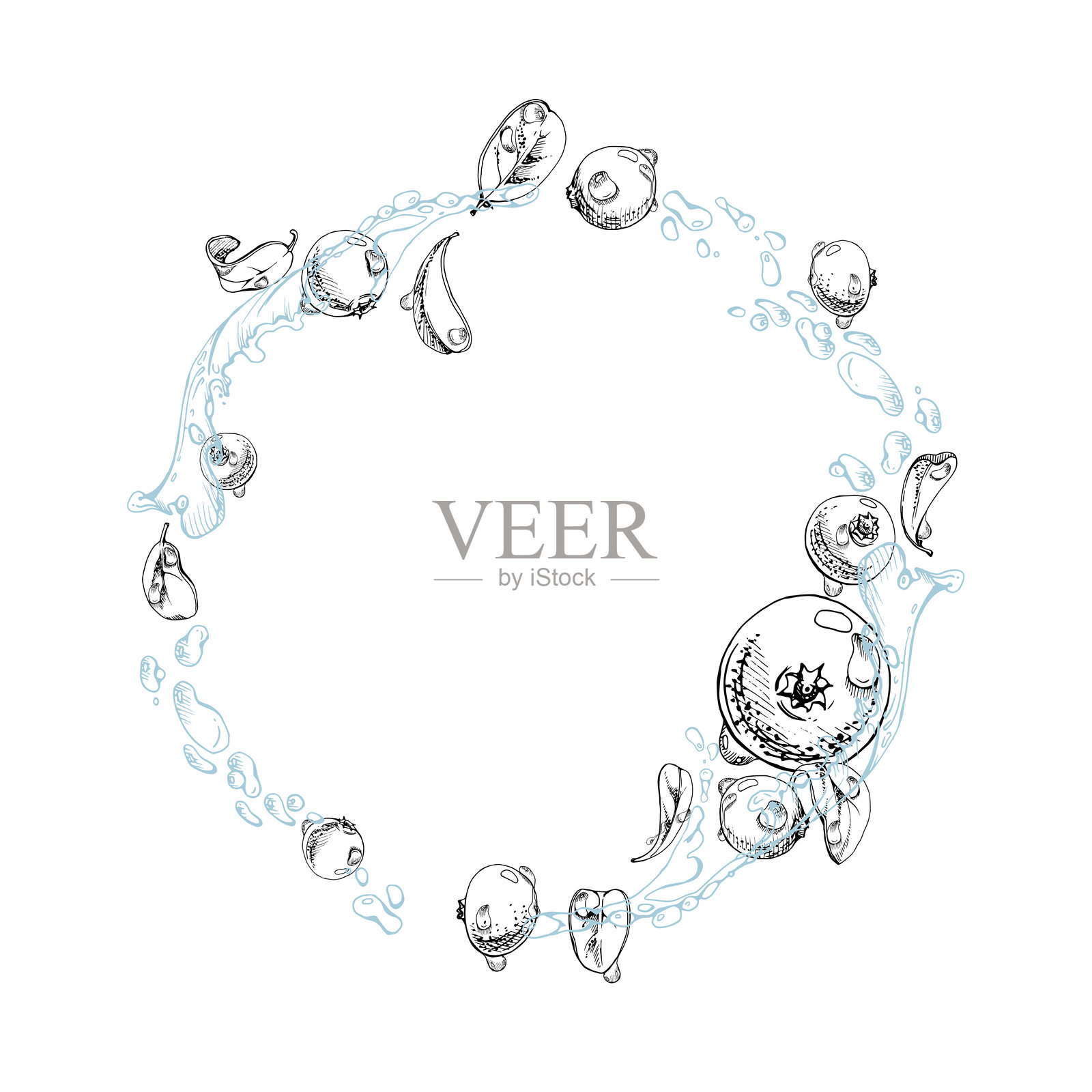 越橘和蔓越莓在水花中飞溅,伴有绿色叶子和水滴,红色成熟的森林浆果熊莓和茶莓,手绘墨水风格。适用于咖啡馆菜单和农贸市场的独立圆形花环框架。插画图片素材