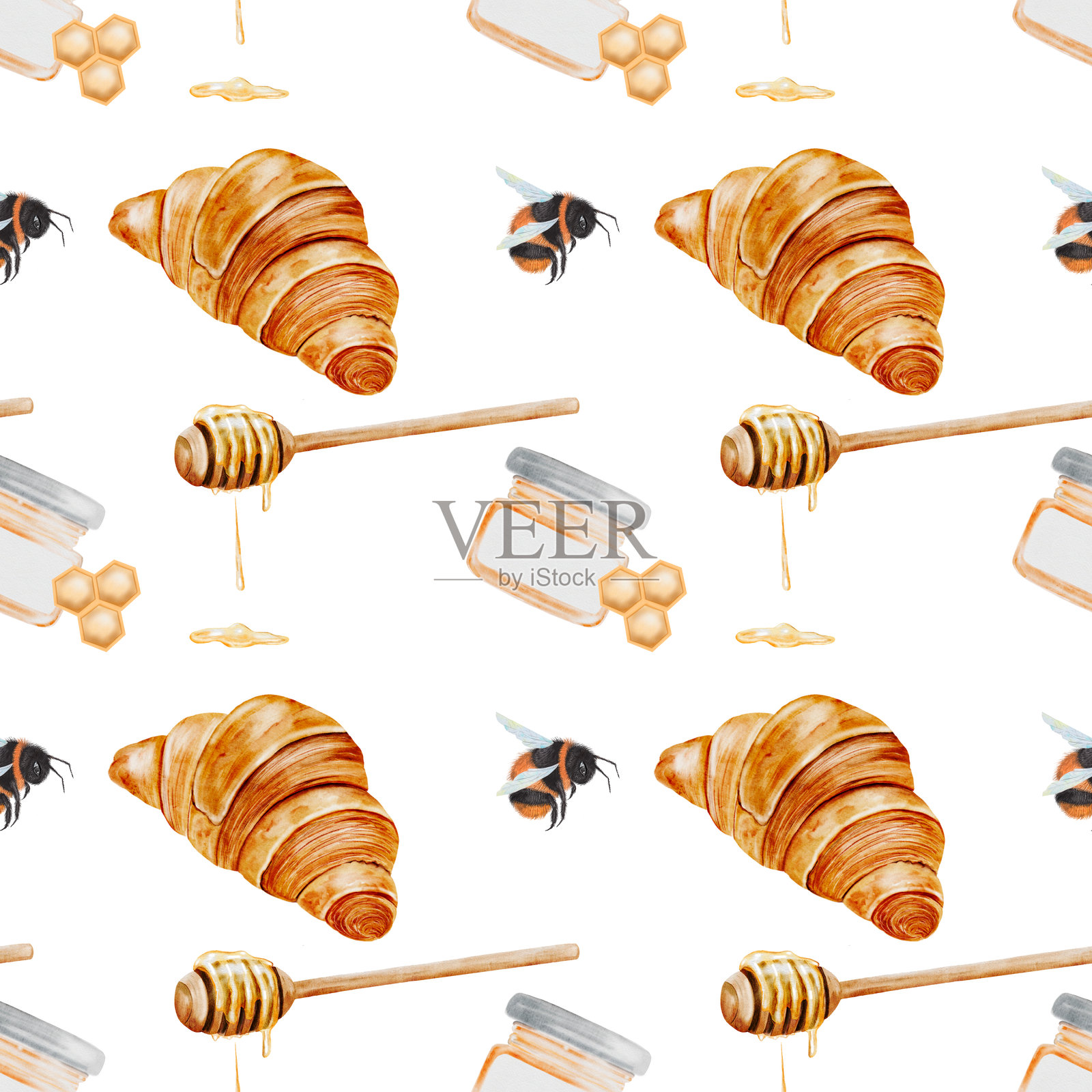 图案可颂、蜂蜜和蜜蜂的水彩画。手绘无缝图案。食品剪贴画。适合有机商店包装和厨房纺织品的理想图案。插画图片素材
