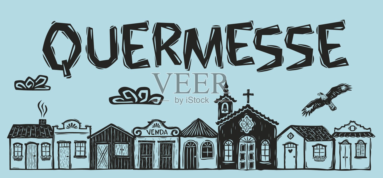 QUERMESSE的彩色海报。插图采用东北木刻风格,描绘了一个有房屋和教堂的村庄。插画图片素材