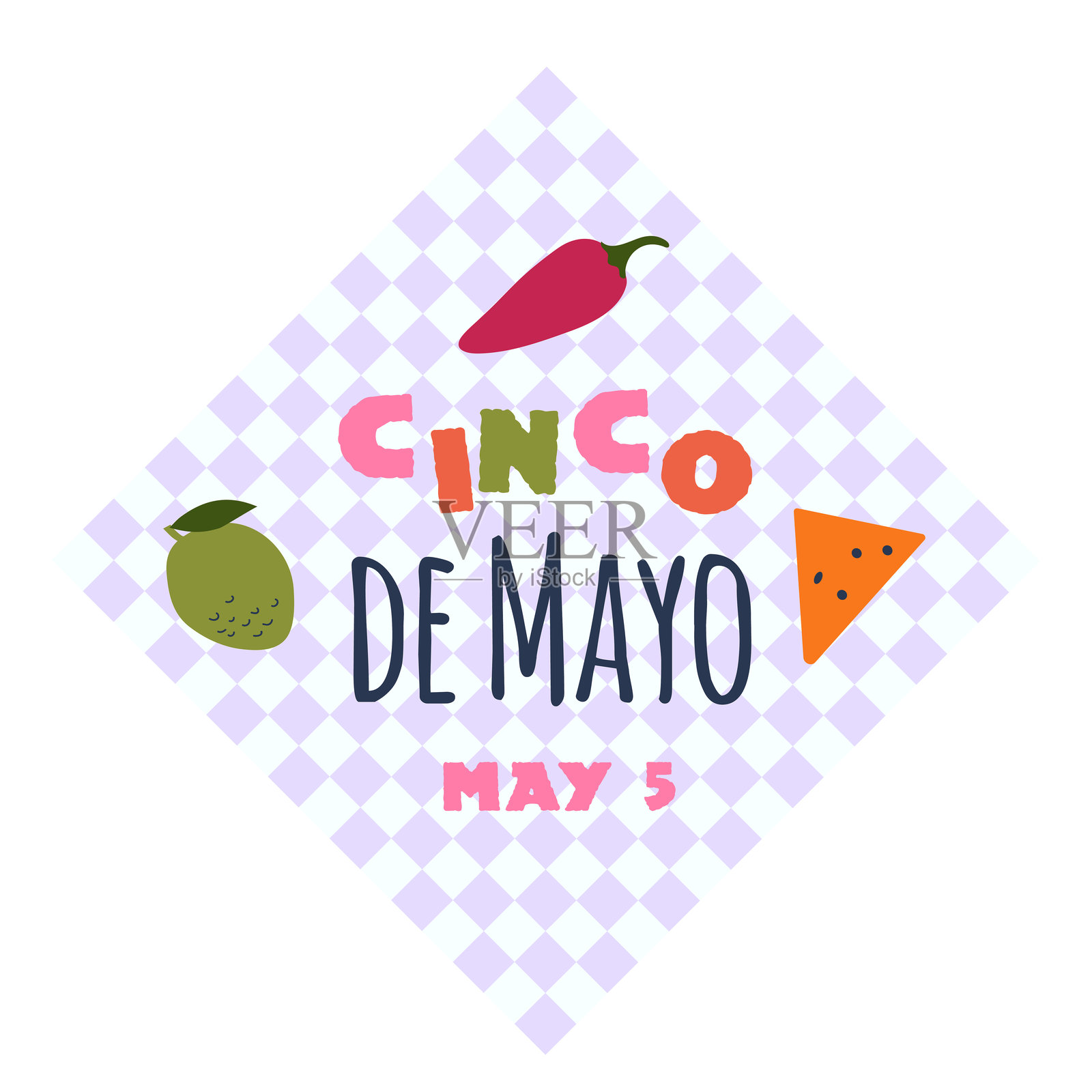 五月五日的墨西哥节日卡片横幅邀请海报,配有辣椒、玉米片和青柠插画图片素材
