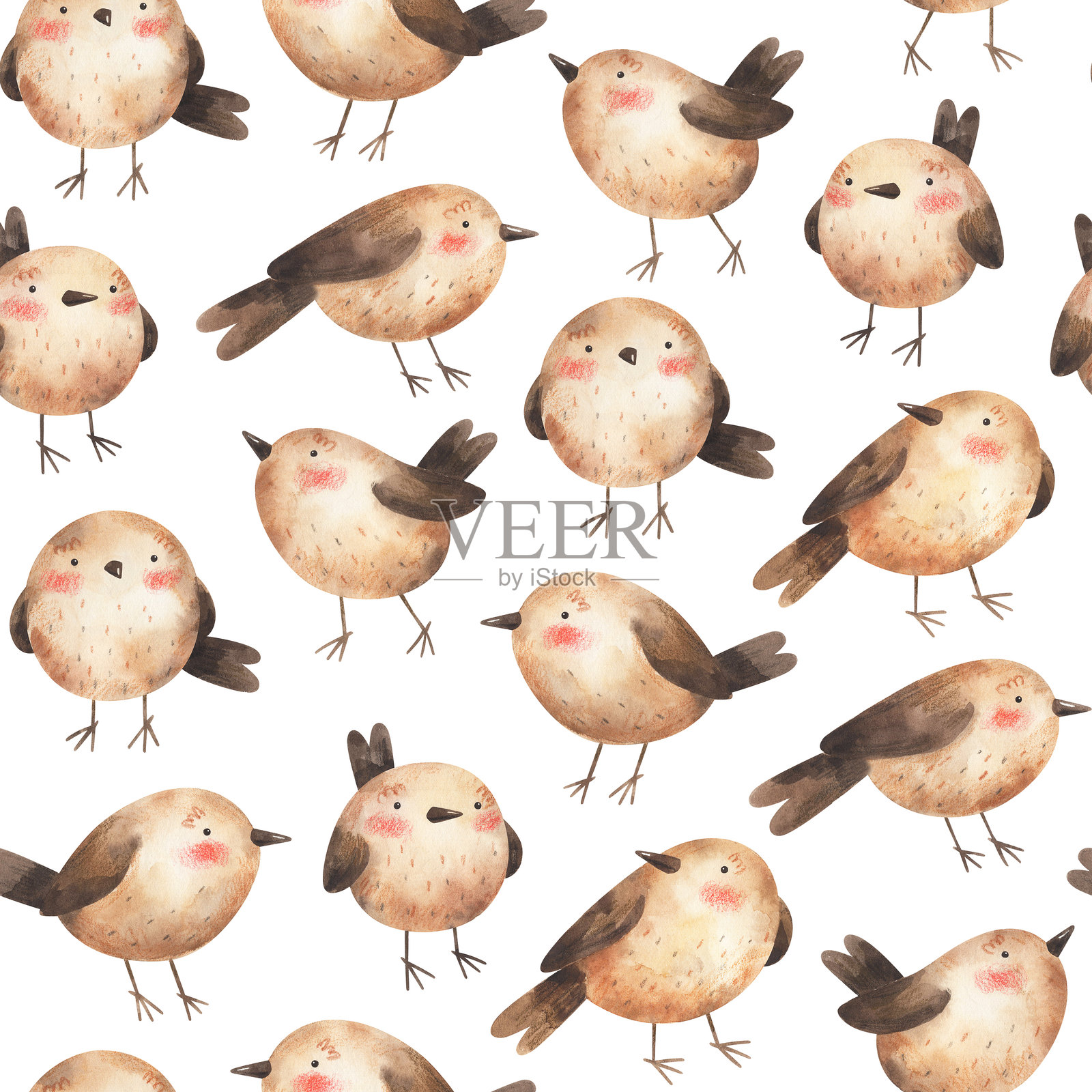 可爱鸟类的水彩图案。适用于纺织品或包装纸的印刷。插画图片素材
