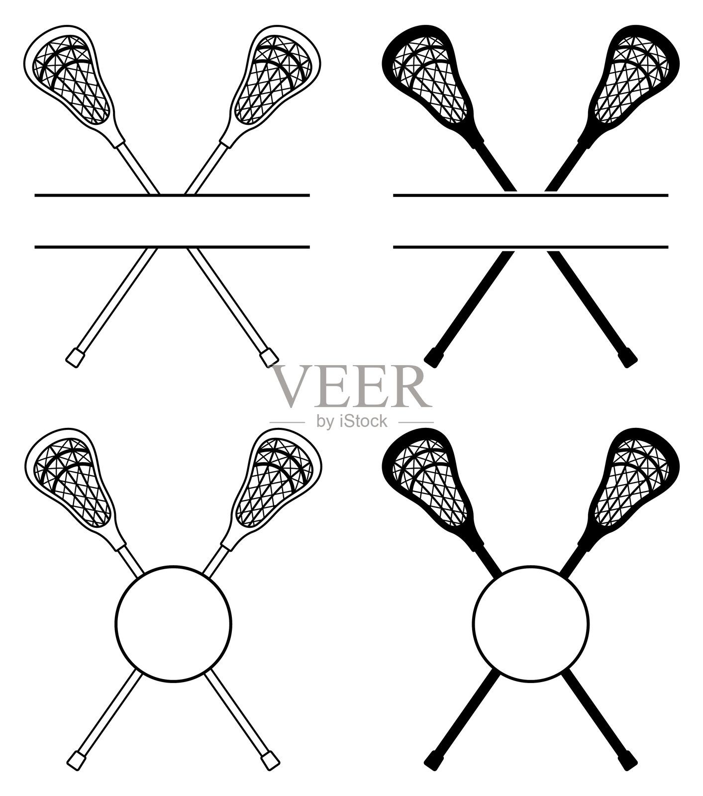 卡通曲棍球棒姓名标签或分割标签模板剪贴画 - 带有轮廓和剪影印章变体,背景透明插画图片素材