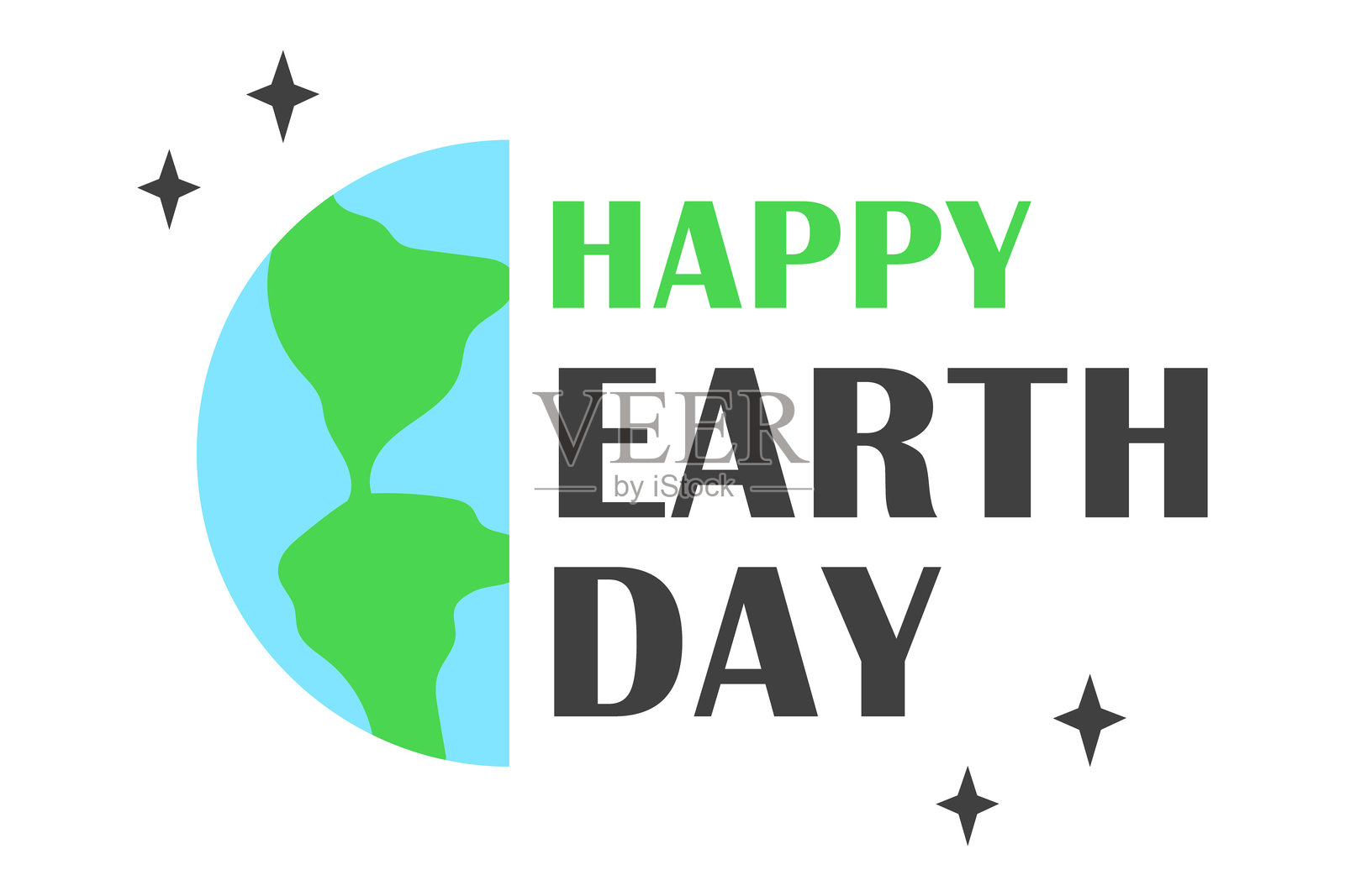 半个地球与快乐地球日文字。环保意识和地球日庆祝活动的扁平风格海报或横幅。插画图片素材