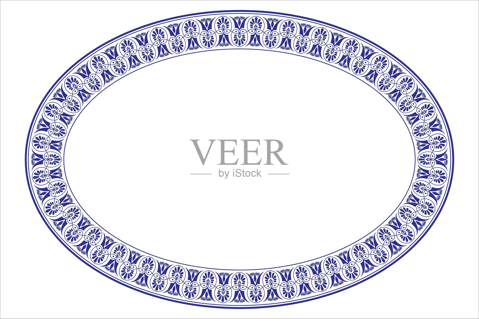 美丽的蓝色椭圆形阿拉伯式框架。带有花卉图案的蓝色盘子。复古的民族风格矢量框架,带有希腊图案(EPS)。适用于椭圆形表面、纺织品、刺绣、陶瓷和瓷器的图案框架。插画图片素材