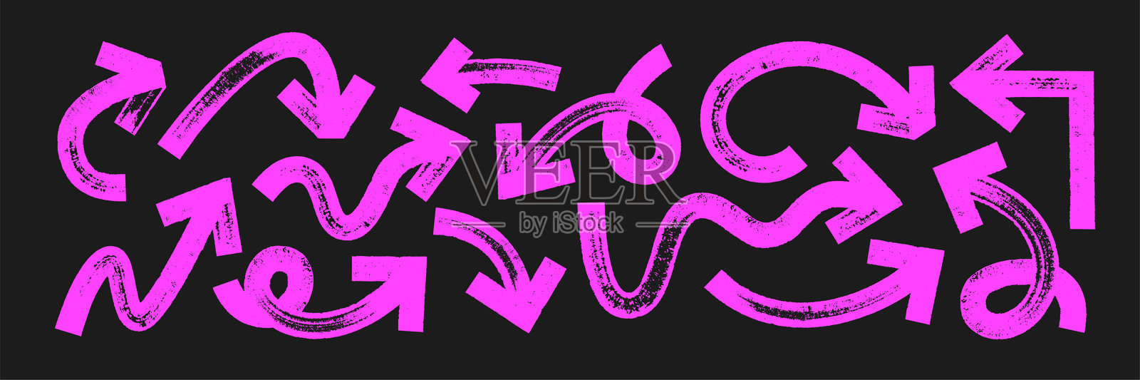 一组厚实的曲线箭头和指示器,带有刷子、蜡笔或马克笔的纹理。导航或方向元素。粉色矢量插图,背景为白色。插画图片素材