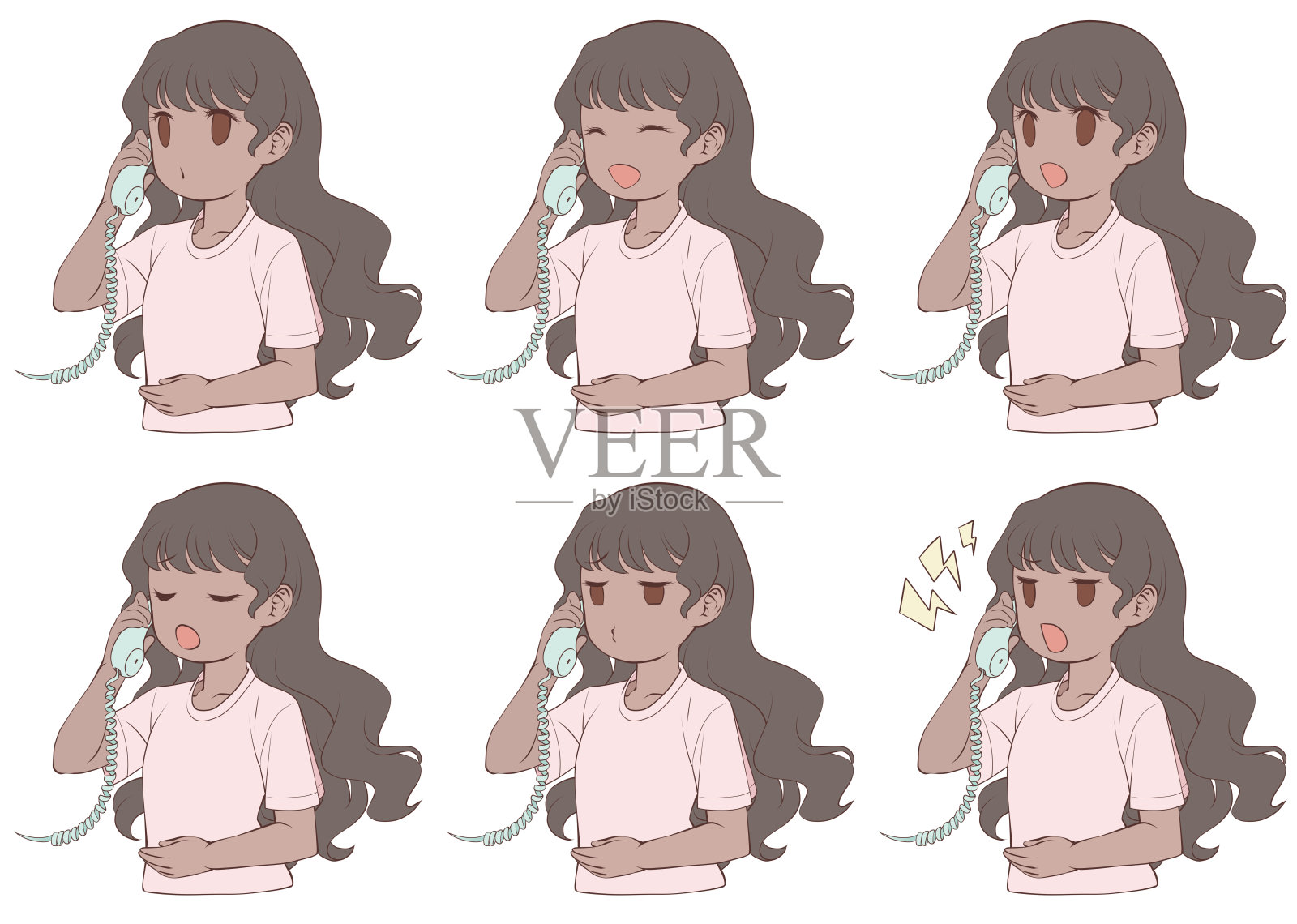 一位年轻女性穿着T恤,正在使用座机通话。插画图片素材