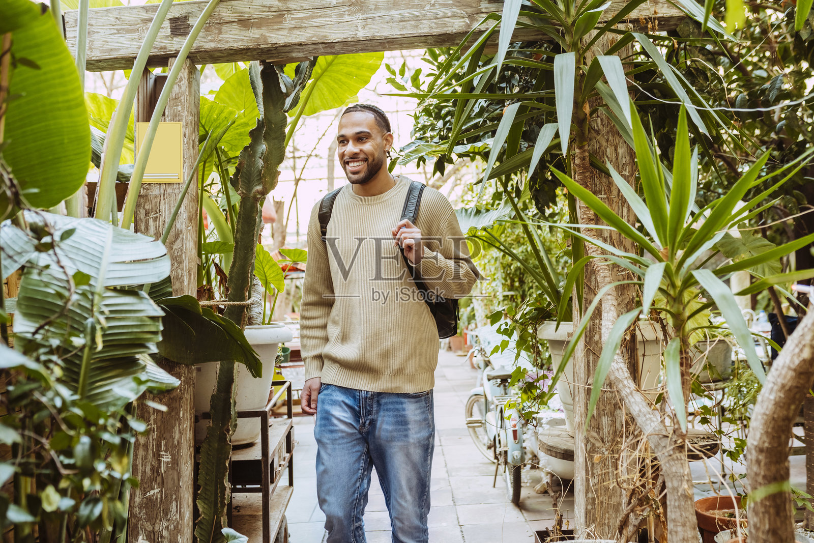微笑的游客走在植物园温室里照片摄影图片