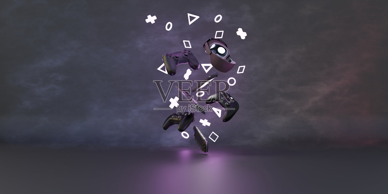 操纵杆漂浮,游戏科技,视频游戏设备,科幻背景,游戏,虚拟现实眼镜,混合现实VR眼镜,现代小工具和科技概念,3D渲染照片摄影图片