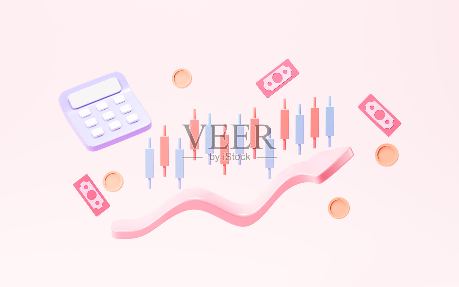 卡通股票图标和金融增长箭头,3D 渲染。照片摄影图片