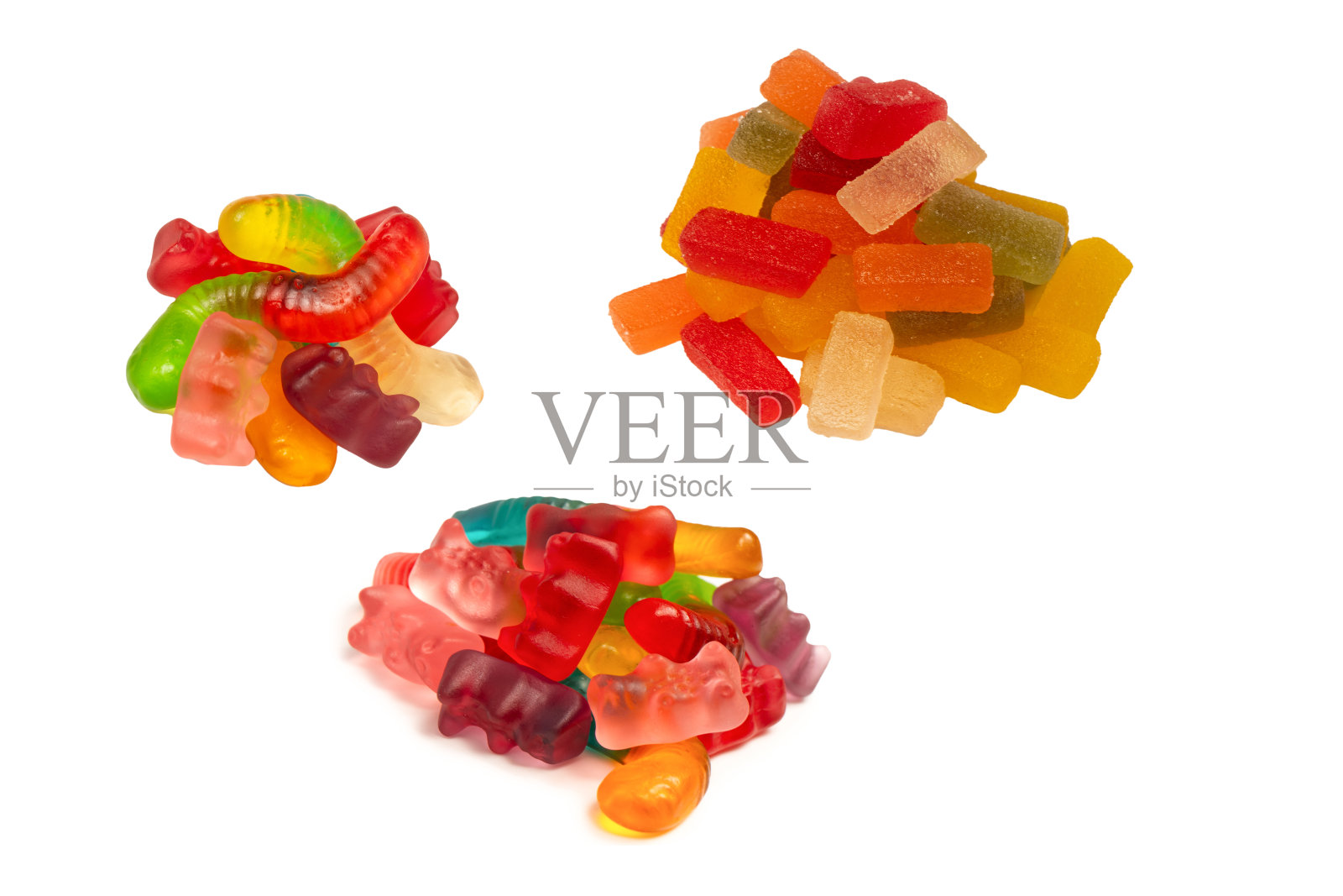 各种色彩缤纷的果冻糖果,孤立在白色背景上。俯视图。果冻糖。照片摄影图片