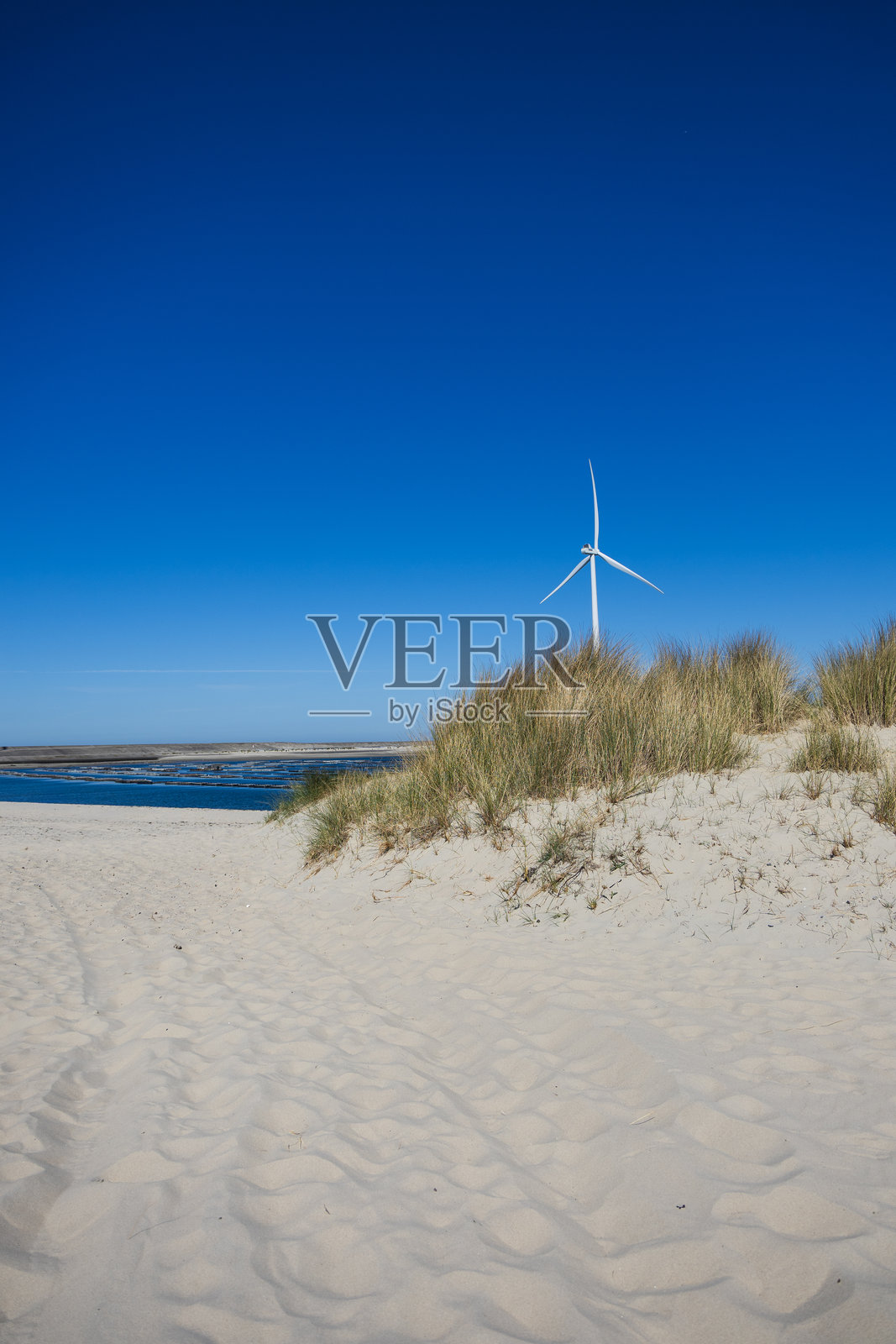 荷兰北海海岸沙丘上的风力涡轮机。照片摄影图片
