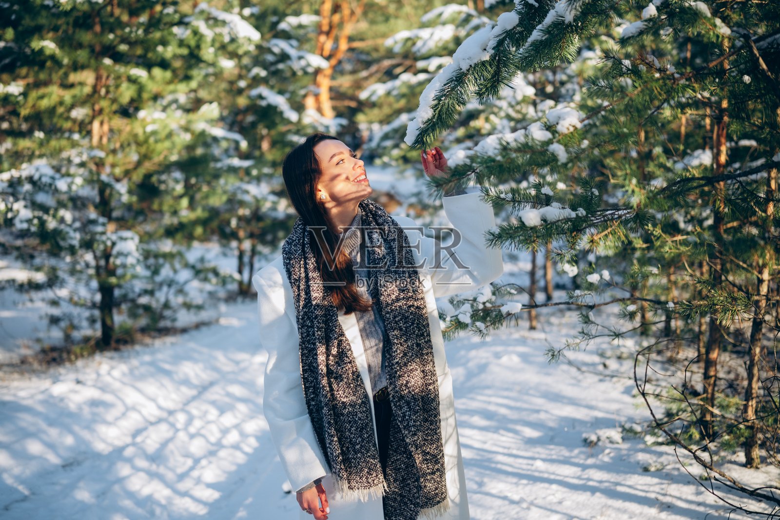 快乐的年轻女性在阳光明媚的日子里享受雪白的森林,漫步于松树之间。照片摄影图片