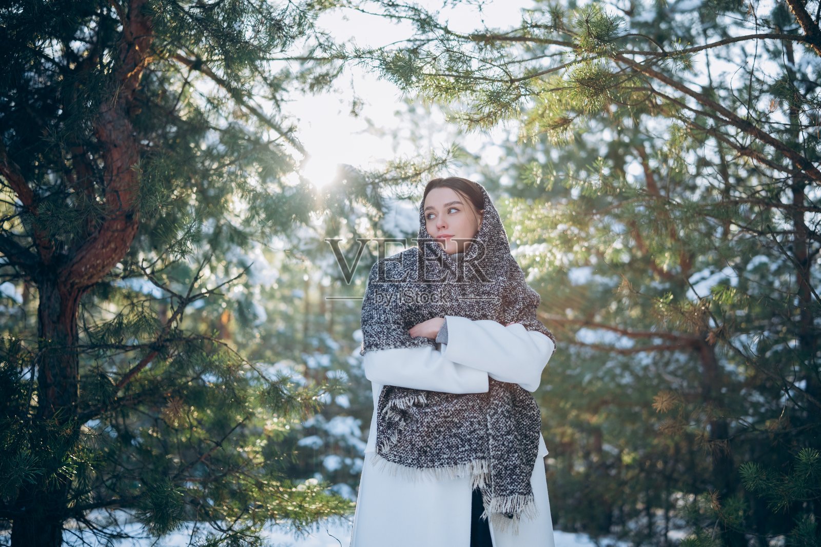 快乐的女人裹着围巾,在寒冷的冬日走在被雪覆盖的松树间。照片摄影图片