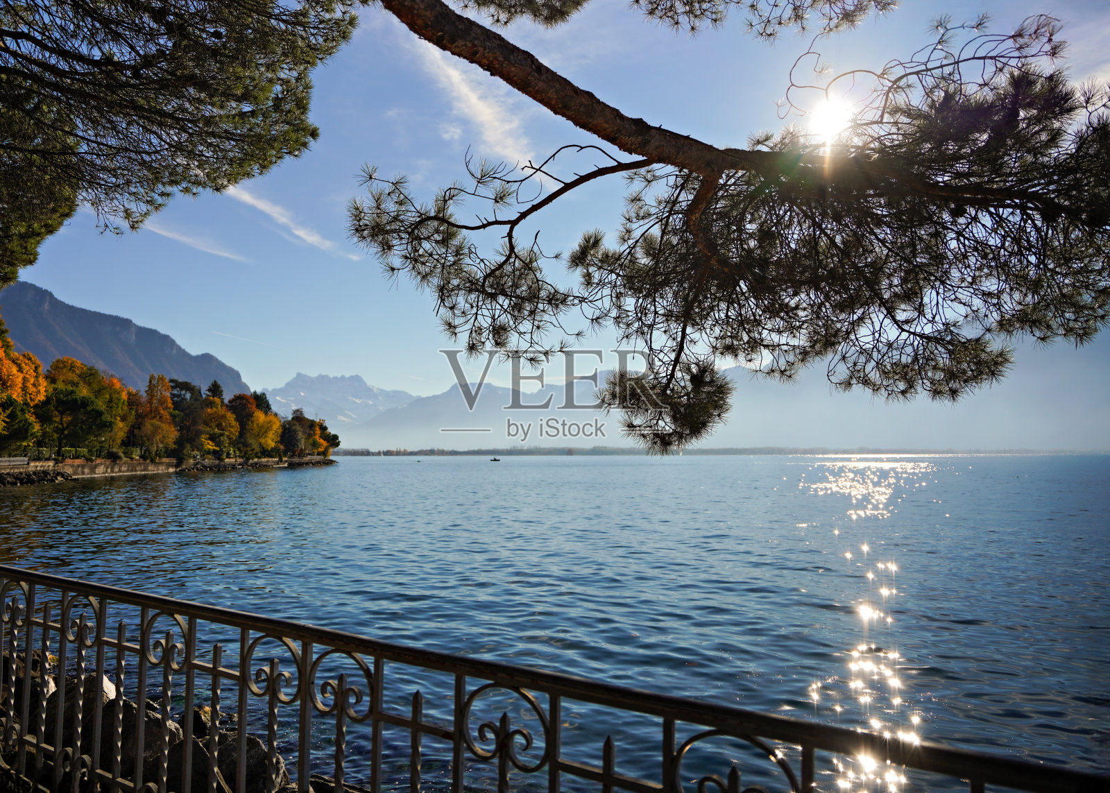 瑞士蒙特勒和日内瓦湖的全景视图。照片摄影图片