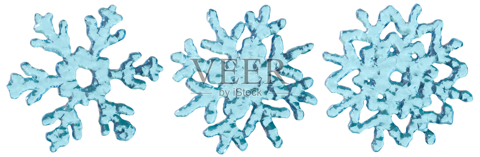 3D渲染的冰蓝色雪花组合,独立于白色背景。冰霜般的水晶风格雪花设计,完美适用于冬季主题、圣诞装饰、季节性图形或节日包装。照片摄影图片
