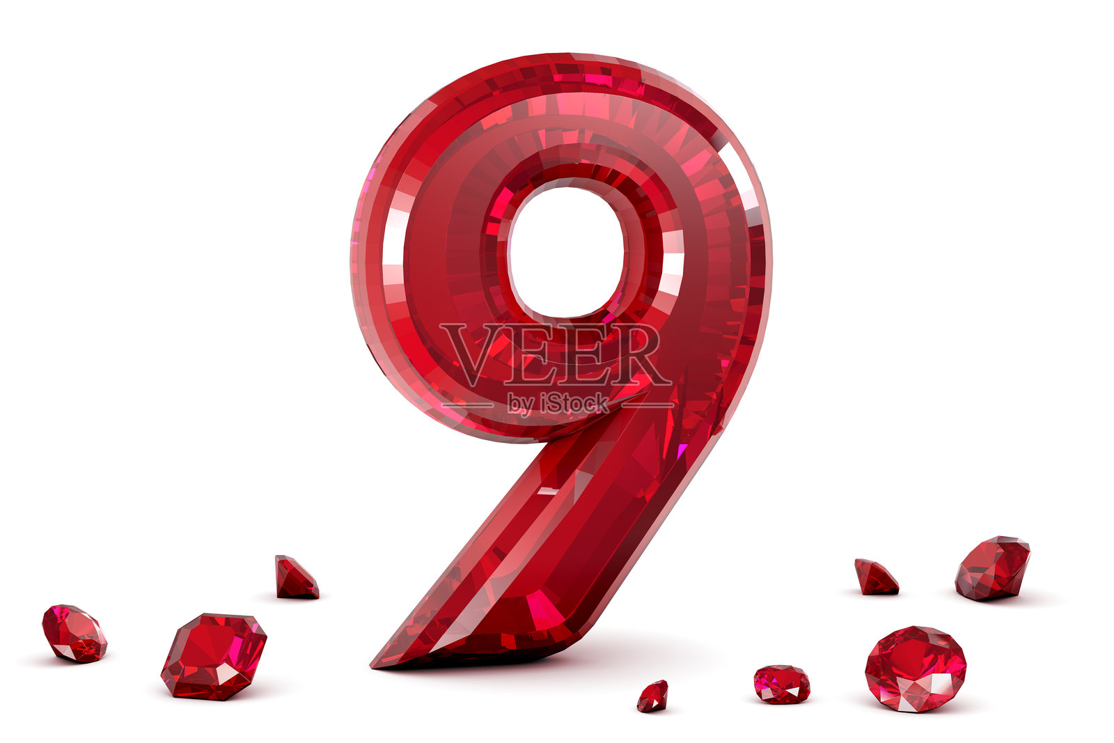 白色背景上的红宝石制成的3D数字9照片摄影图片