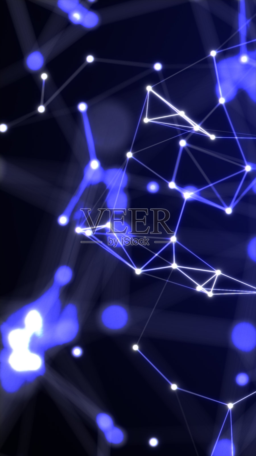 在黑暗背景上发光的蓝色节点和连接线的抽象神经网络图案照片摄影图片