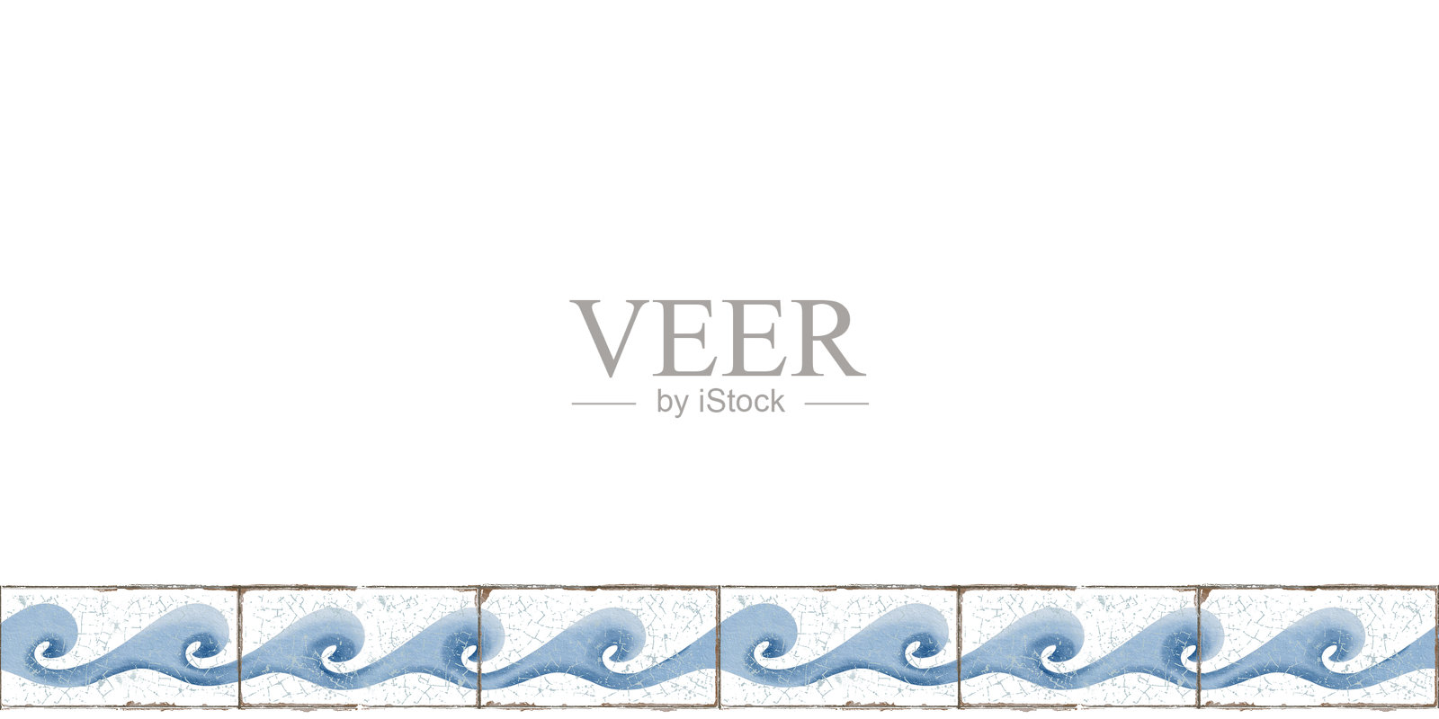 风格化的波浪,无缝边框,旧的横向瓷砖。蓝白单色调色板。海洋、海浪。水彩插图。瓷砖元素。适用于贴纸、文具、纺织品。插画图片素材